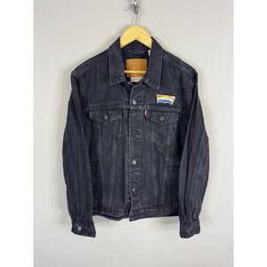 Levis Premium Mens Trucker Jacket Black Denim Rainbow Pride Patch Size L